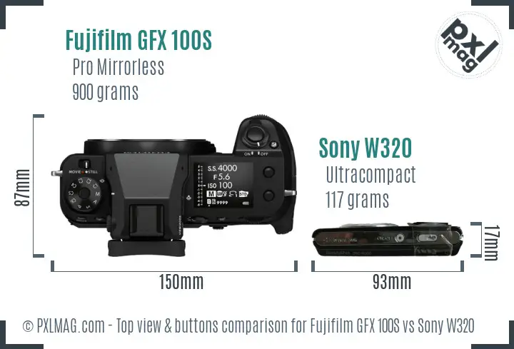Fujifilm GFX 100S vs Sony W320 top view buttons comparison