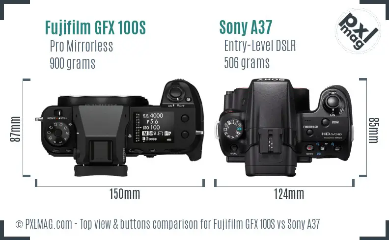 Fujifilm GFX 100S vs Sony A37 top view buttons comparison
