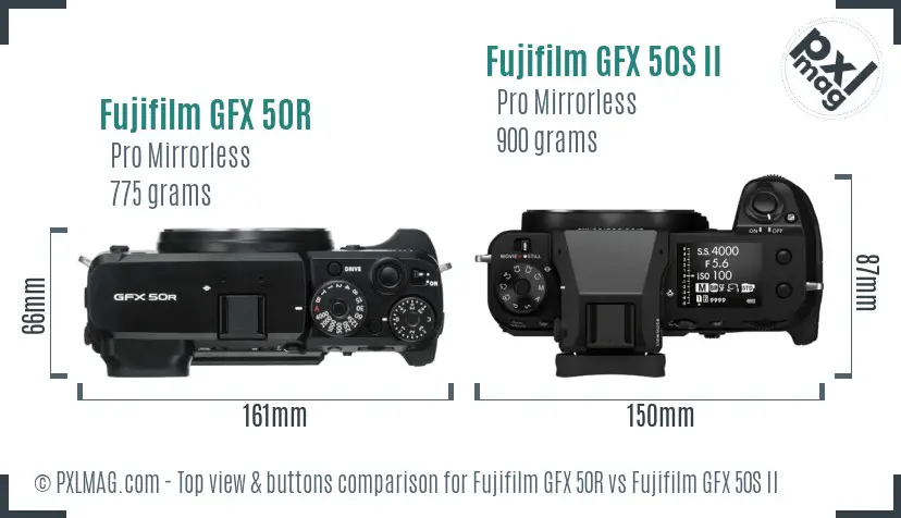 Fujifilm GFX 50R vs Fujifilm GFX 50S II top view buttons comparison
