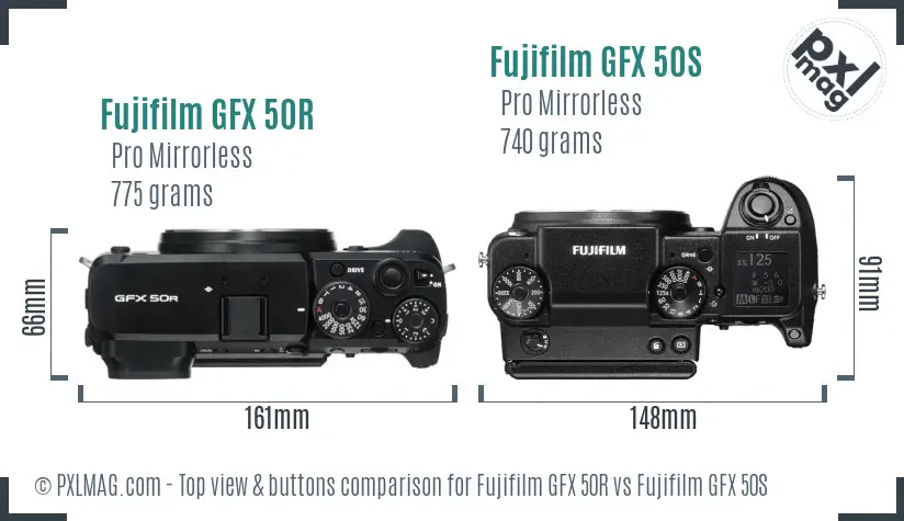 Fujifilm GFX 50R vs Fujifilm GFX 50S top view buttons comparison