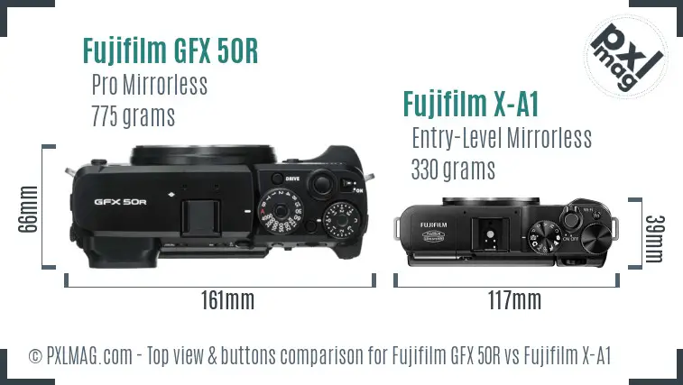 Fujifilm GFX 50R vs Fujifilm X-A1 top view buttons comparison
