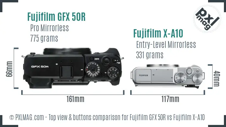 Fujifilm GFX 50R vs Fujifilm X-A10 top view buttons comparison