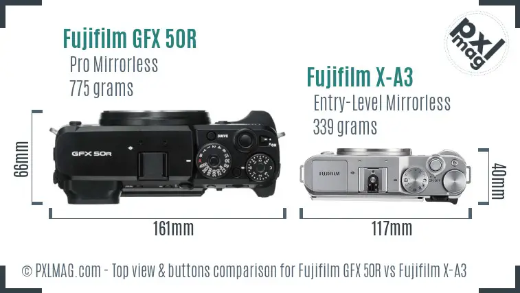 Fujifilm GFX 50R vs Fujifilm X-A3 top view buttons comparison