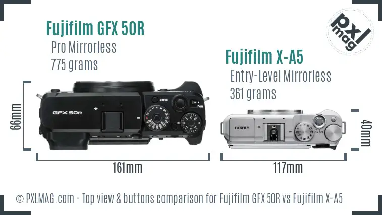 Fujifilm GFX 50R vs Fujifilm X-A5 top view buttons comparison