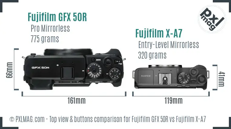 Fujifilm GFX 50R vs Fujifilm X-A7 top view buttons comparison Fujifilm GFX 50R vs Fujifilm X-A7 top view buttons comparison