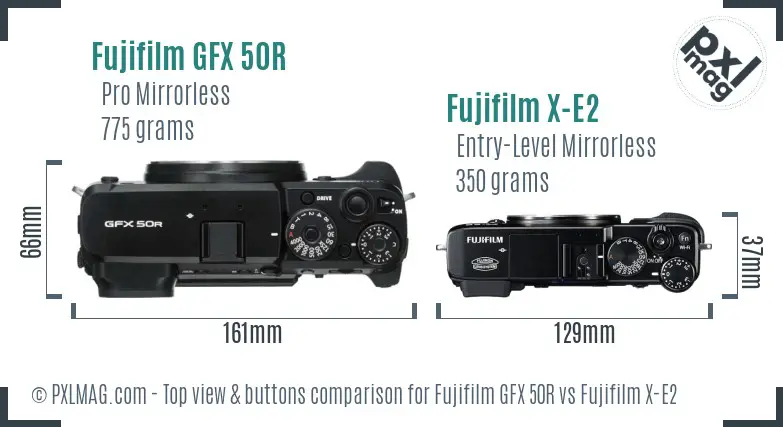 Fujifilm GFX 50R vs Fujifilm X-E2 top view buttons comparison