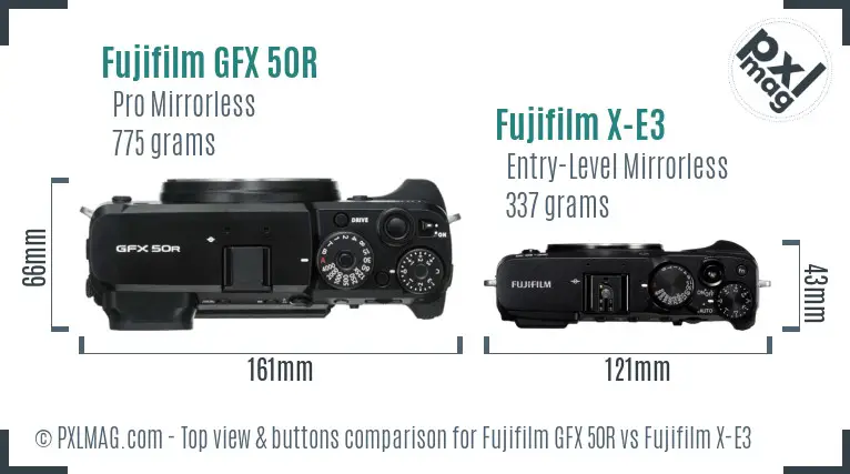 Fujifilm GFX 50R vs Fujifilm X-E3 top view buttons comparison