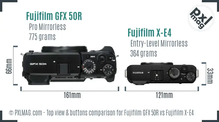 Fujifilm GFX 50R vs Fujifilm X-E4 top view buttons comparison
