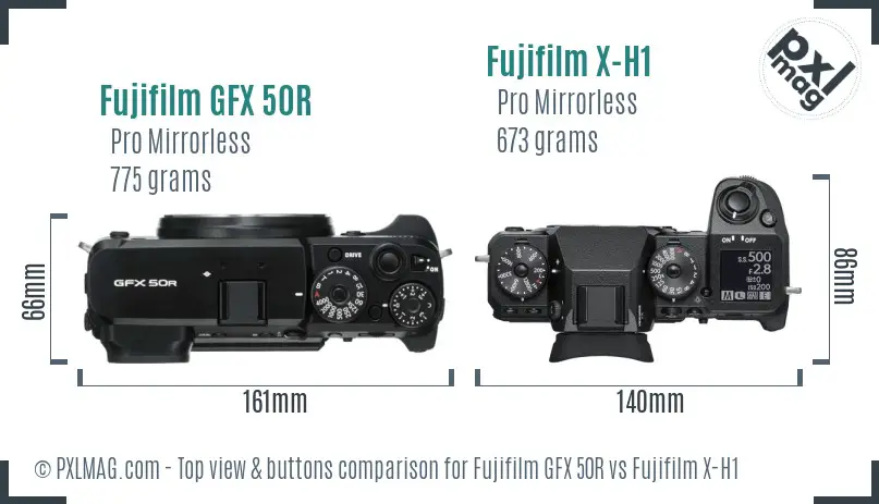 Fujifilm GFX 50R vs Fujifilm X-H1 top view buttons comparison