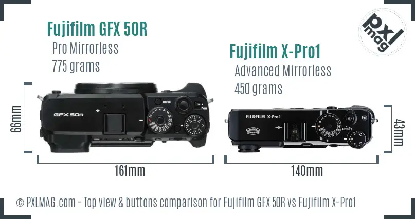 Fujifilm GFX 50R vs Fujifilm X-Pro1 top view buttons comparison
