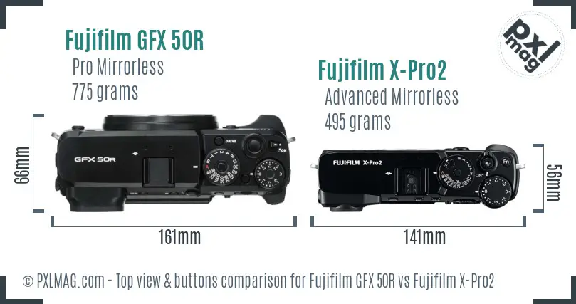 Fujifilm GFX 50R vs Fujifilm X-Pro2 top view buttons comparison