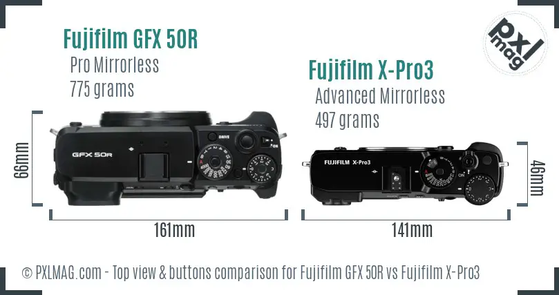 Fujifilm GFX 50R vs Fujifilm X-Pro3 top view buttons comparison