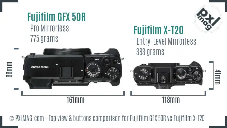 Fujifilm GFX 50R vs Fujifilm X-T20 top view buttons comparison