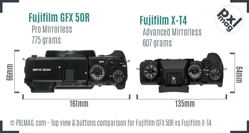 Fujifilm GFX 50R vs Fujifilm X-T4 top view buttons comparison