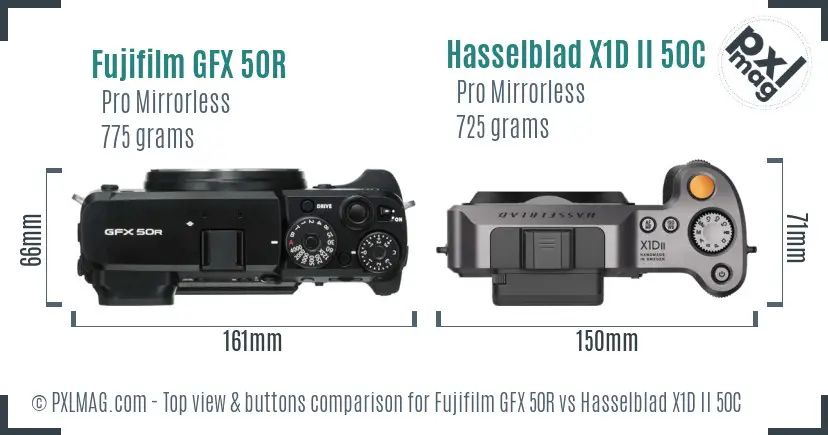 Fujifilm GFX 50R vs Hasselblad X1D II 50C top view buttons comparison