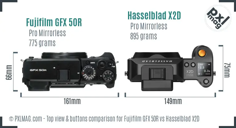 Fujifilm GFX 50R vs Hasselblad X2D top view buttons comparison