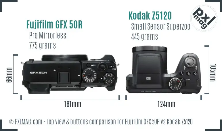 Fujifilm GFX 50R vs Kodak Z5120 top view buttons comparison