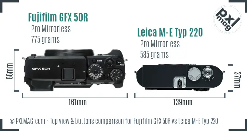 Fujifilm GFX 50R vs Leica M-E Typ 220 top view buttons comparison
