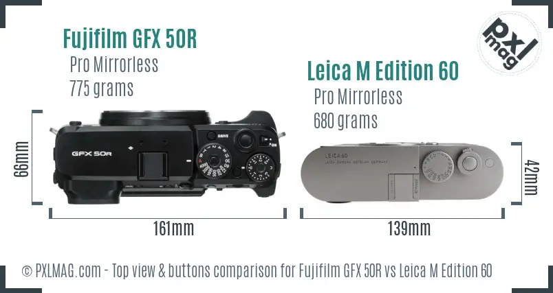 Fujifilm GFX 50R vs Leica M Edition 60 top view buttons comparison