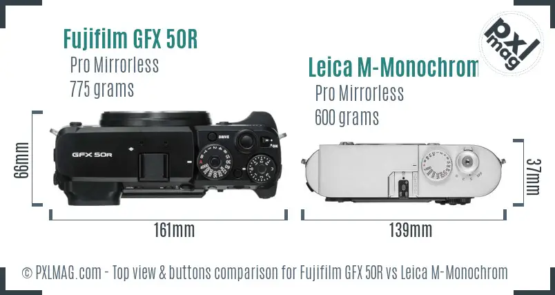 Fujifilm GFX 50R vs Leica M-Monochrom top view buttons comparison