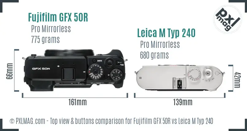Fujifilm GFX 50R vs Leica M Typ 240 top view buttons comparison