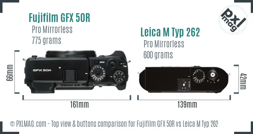 Fujifilm GFX 50R vs Leica M Typ 262 top view buttons comparison