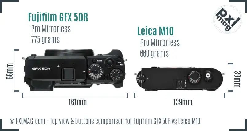 Fujifilm GFX 50R vs Leica M10 top view buttons comparison