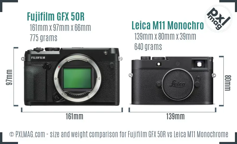 Fujifilm GFX 50R vs Leica M11 Monochrome size comparison