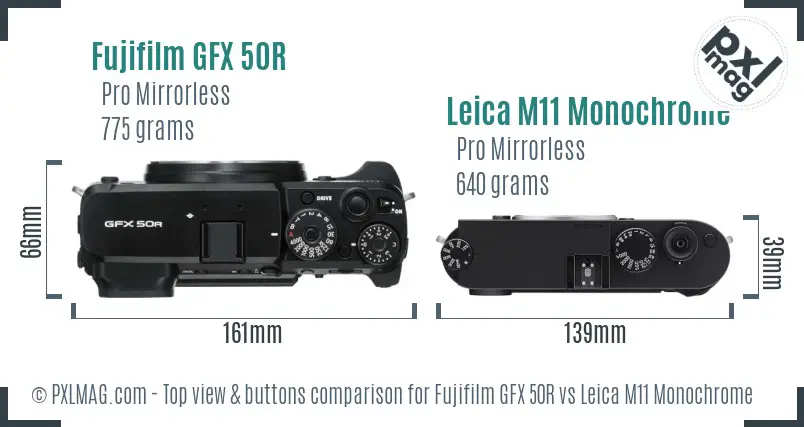 Fujifilm GFX 50R vs Leica M11 Monochrome top view buttons comparison