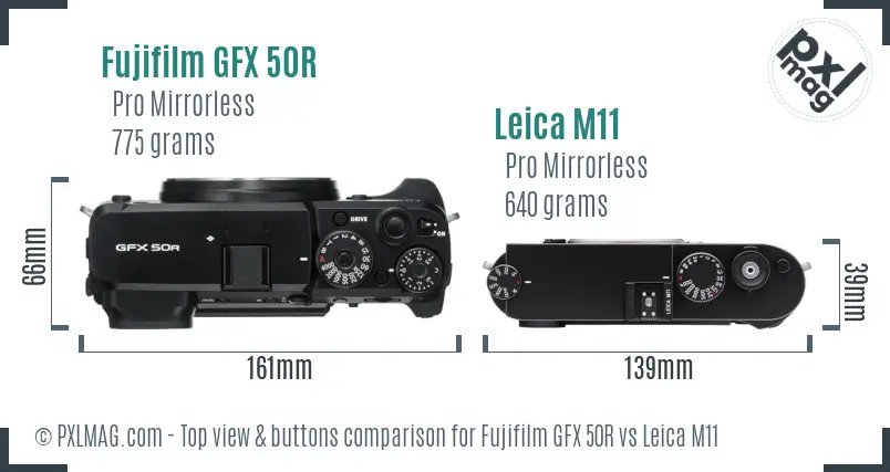 Fujifilm GFX 50R vs Leica M11 top view buttons comparison