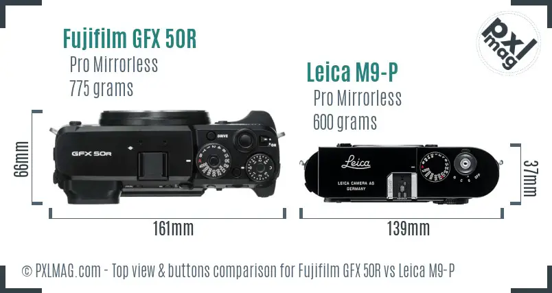 Fujifilm GFX 50R vs Leica M9-P top view buttons comparison