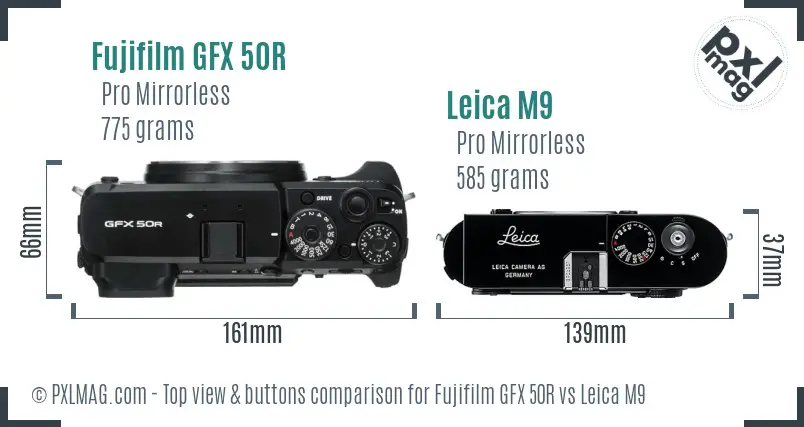 Fujifilm GFX 50R vs Leica M9 top view buttons comparison