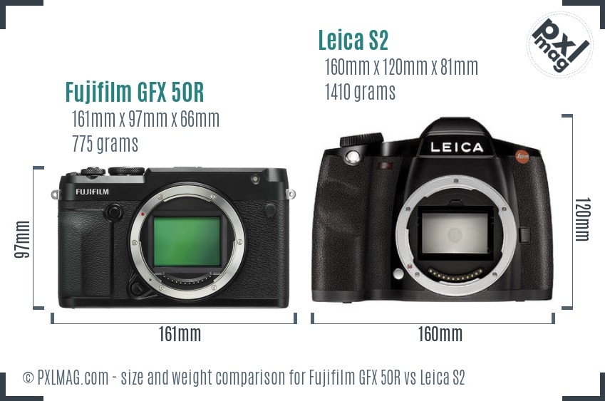 Fujifilm GFX 50R vs Leica S2 size comparison