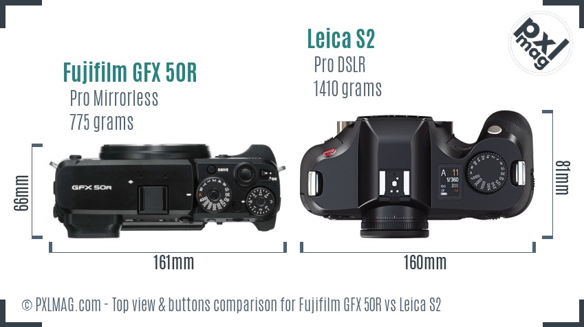 Fujifilm GFX 50R vs Leica S2 top view buttons comparison