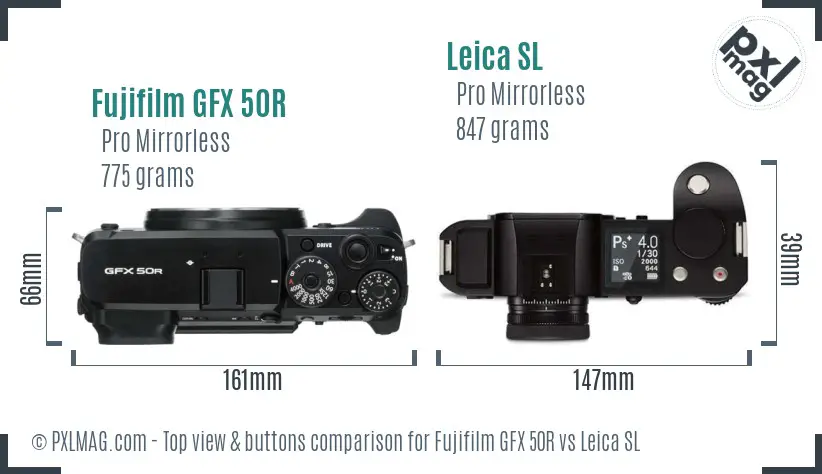 Fujifilm GFX 50R vs Leica SL top view buttons comparison