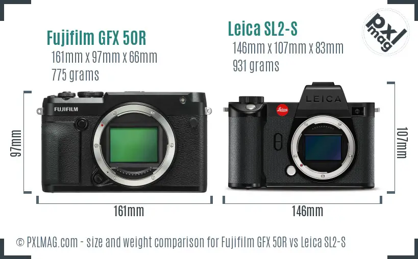 Fujifilm GFX 50R vs Leica SL2-S size comparison