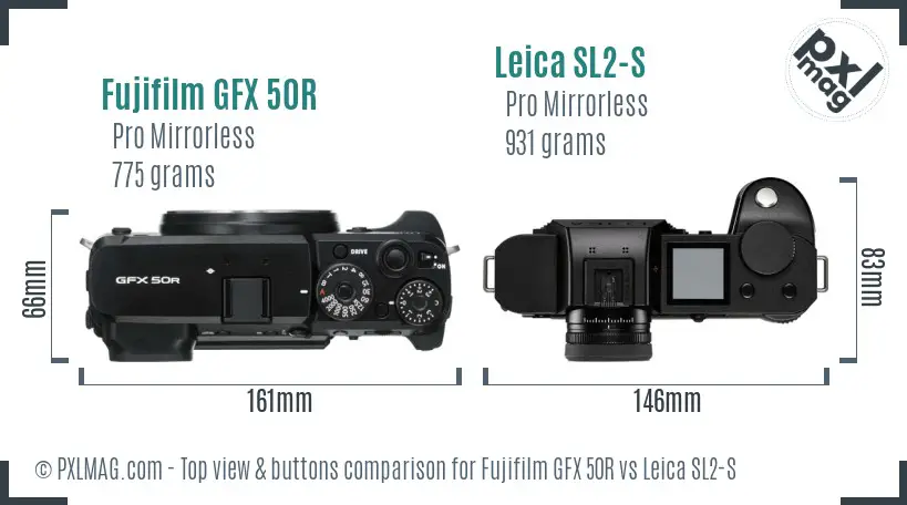 Fujifilm GFX 50R vs Leica SL2-S top view buttons comparison