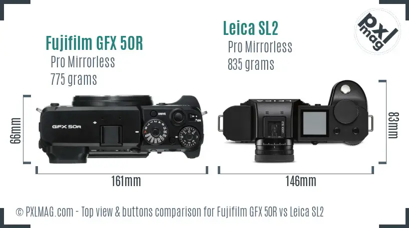 Fujifilm GFX 50R vs Leica SL2 top view buttons comparison Fujifilm GFX 50R vs Leica SL2 top view buttons comparison