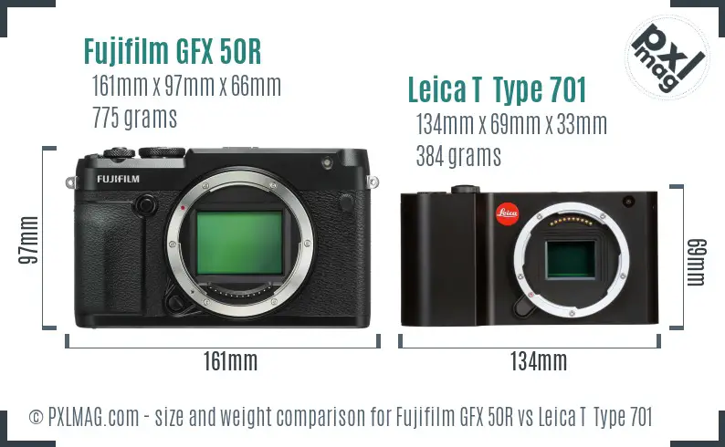 Fujifilm GFX 50R vs Leica T  Type 701 size comparison