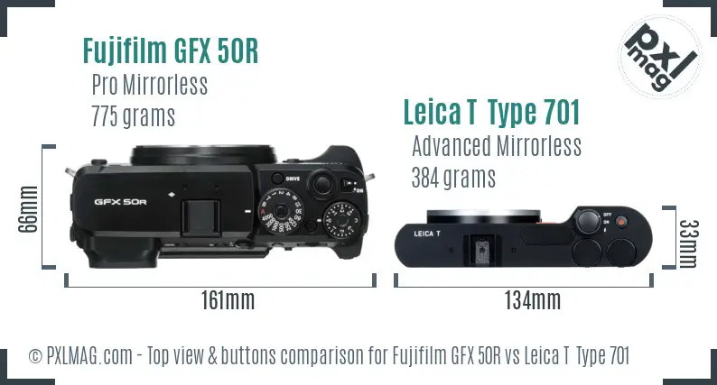 Fujifilm GFX 50R vs Leica T  Type 701 top view buttons comparison