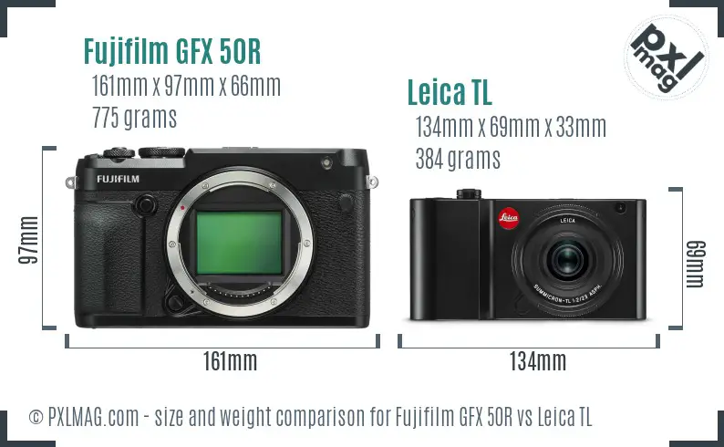 Fujifilm GFX 50R vs Leica TL size comparison