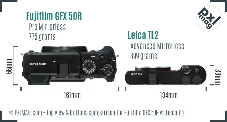 Fujifilm GFX 50R vs Leica TL2 top view buttons comparison