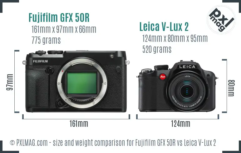 Fujifilm GFX 50R vs Leica V-Lux 2 size comparison