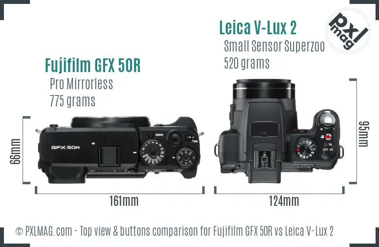 Fujifilm GFX 50R vs Leica V-Lux 2 top view buttons comparison