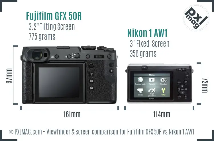 Fujifilm GFX 50R vs Nikon 1 AW1 Screen and Viewfinder comparison