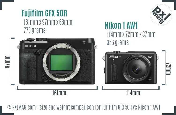 Fujifilm GFX 50R vs Nikon 1 AW1 size comparison