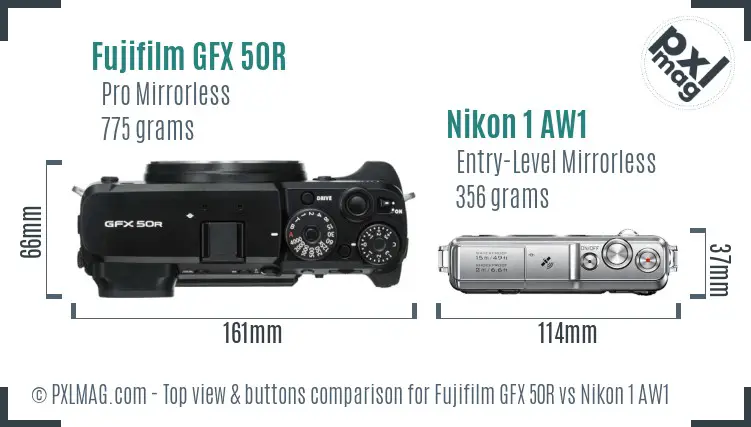 Fujifilm GFX 50R vs Nikon 1 AW1 top view buttons comparison