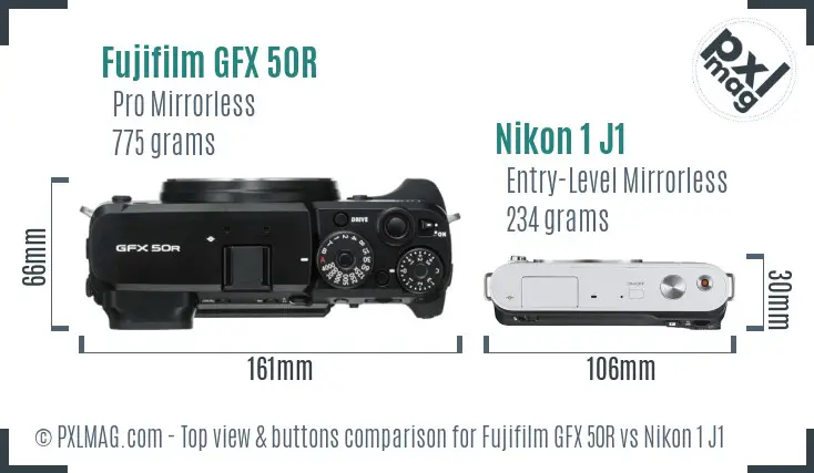Fujifilm GFX 50R vs Nikon 1 J1 top view buttons comparison