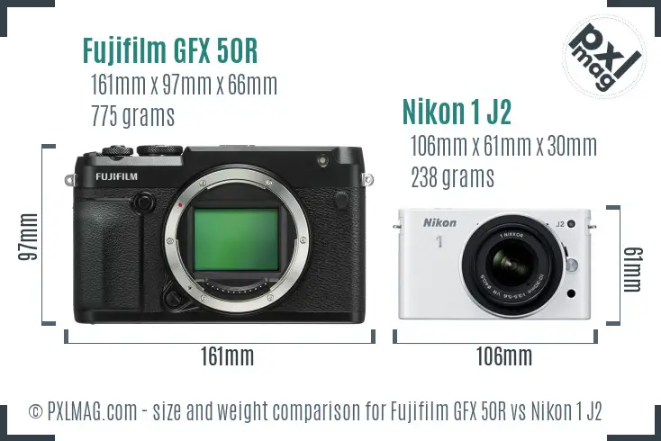 Fujifilm GFX 50R vs Nikon 1 J2 size comparison