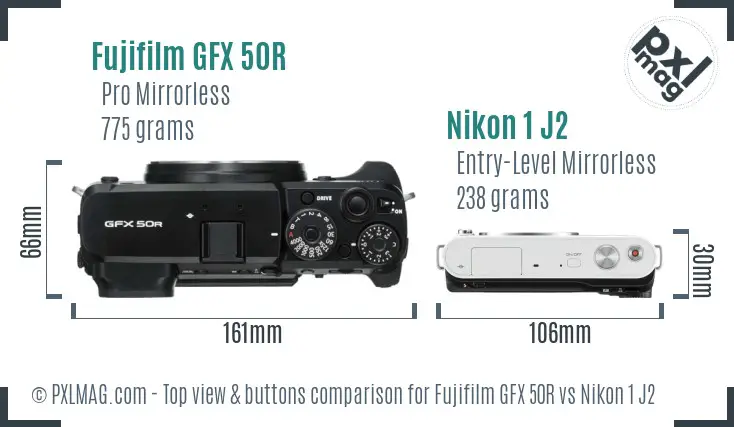 Fujifilm GFX 50R vs Nikon 1 J2 top view buttons comparison